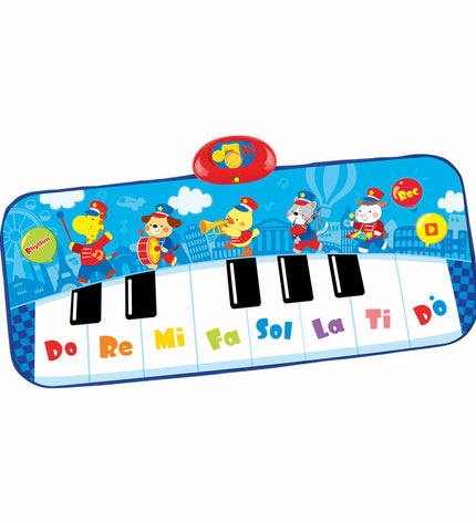 Six blue Winfun toy pianos with animal designs, measuring 90x0.5x38 cm, designed for children's musical play.