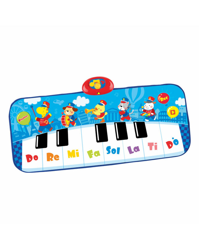 Six blue Winfun toy pianos with animal designs, measuring 90x0.5x38 cm, designed for children's musical play.