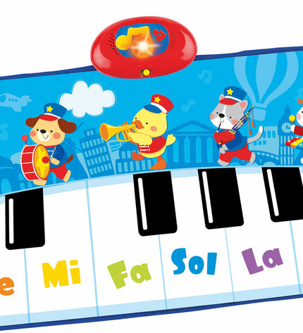 Blue Winfun toy piano with six animal-themed keys, children's musical instrument, measures 90x0.5x38 cm, colorful and engaging.