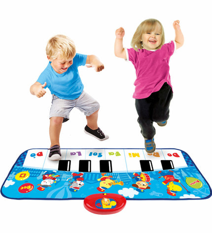 Blue Winfun toy piano with six animal-themed keys, children's musical instrument, measuring 90x0.5x38 cm.