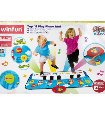 Blue Winfun toy piano with six animal-shaped keys, designed for children, featuring colorful animal illustrations.