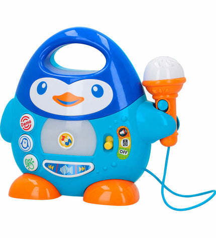 Six Winfun penguin karaoke microphones for kids, colorful electronic toy microphones for singing and play.