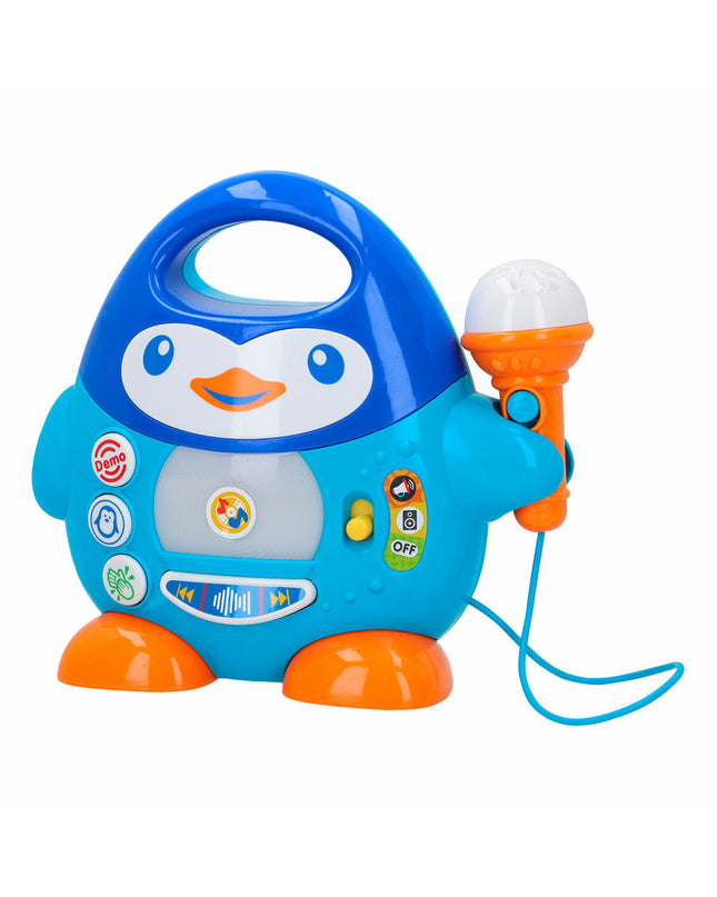Six Winfun penguin karaoke microphones for kids, colorful electronic toy microphones for singing and play.