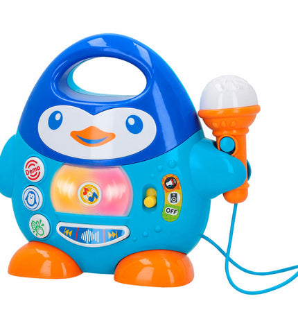 Six Winfun Penguin karaoke microphones for kids, colorful electronic toy set for singing and entertainment.