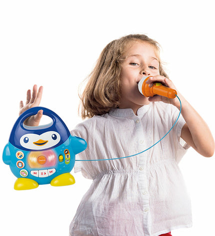 Six Winfun penguin karaoke microphones for children, electronic toy playset, colorful fun for kids' singing and karaoke games.