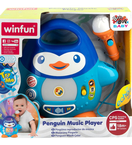 Six Winfun Penguin karaoke microphones, colorful electronic toys for kids, designed for singing and playful entertainment.