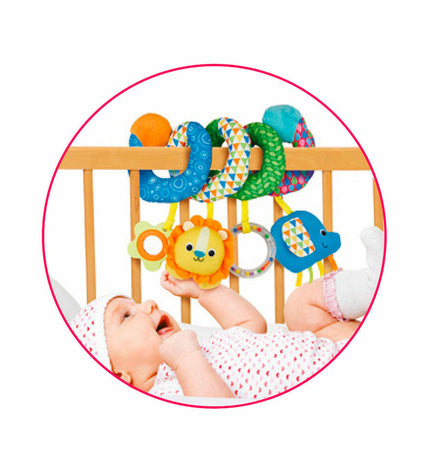Set of six Winfun baby rattles, 20x20x9 cm, colorful plastic toys for young children to grasp and shake.
