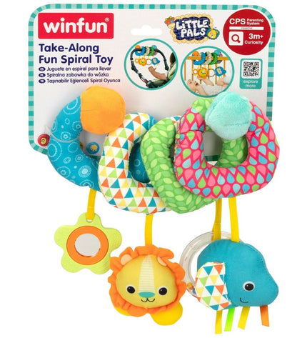 Set of six Winfun baby rattles, 20x20x9 cm, colorful plastic toys for young children, designed for sensory development and play.