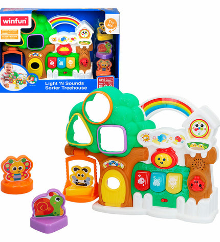 Set of six Winfun interactive baby toys shaped like house figures, colorful and designed for infants to play and explore.