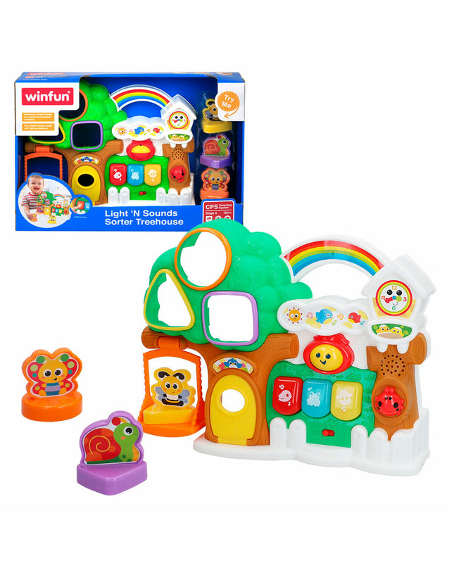Set of six Winfun interactive baby toys shaped like house figures, colorful and designed for infants to play and explore.