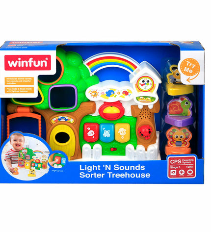Six Winfun interactive baby toys shaped like house figures, colorful and designed for early childhood development.