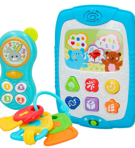 Set van drie Winfun babyspeelgoed in heldere kleuren, inclusief zachte vormen en textured onderdelen voor jonge kinderen.