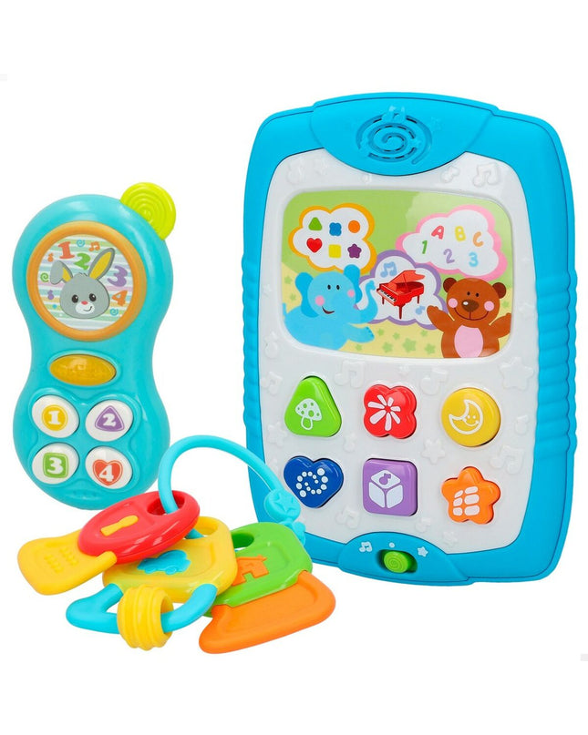 Set van drie Winfun babyspeelgoed in heldere kleuren, inclusief zachte vormen en textured onderdelen voor jonge kinderen.