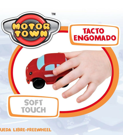 Set of six Motor Town toy vehicles, colorful miniature cars and trucks from the Motor Town vehicle toy collection.