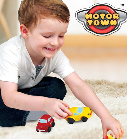 Set of six Motor Town toy vehicles, including cars and trucks, designed for children’s play and imaginative fun.