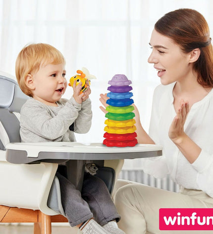 Two Winfun baby stacking blocks toy in bright colors, measuring 13 x 35.5 x 13 cm, designed for young children’s play.