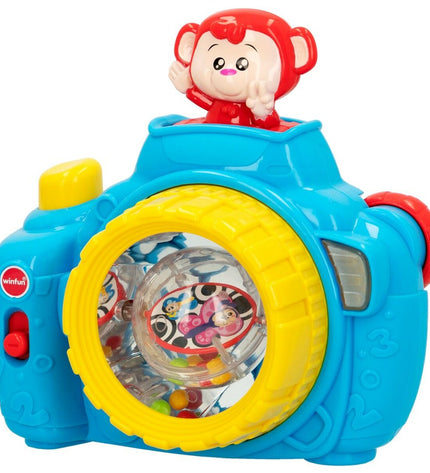 Set of six blue Winfun toy cameras, electronic play gadgets for children, featuring colorful buttons and playful design.