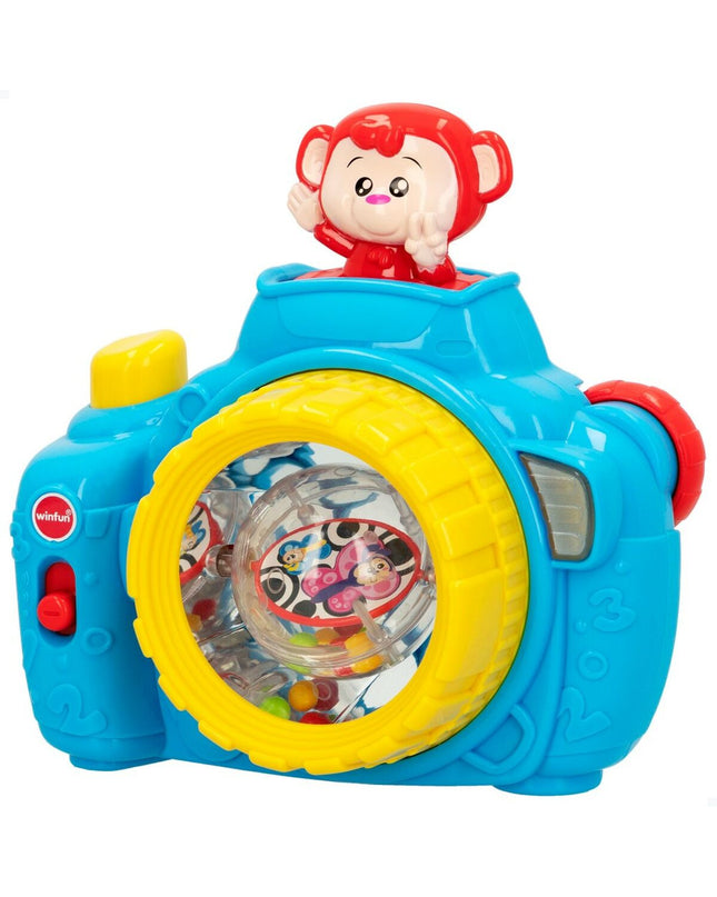 Set of six blue Winfun toy cameras, electronic play gadgets for children, featuring colorful buttons and playful design.
