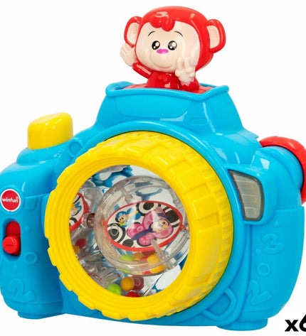 Set of six blue Winfun toy cameras for children, featuring colorful buttons and playful design in a fun electronic toy group.