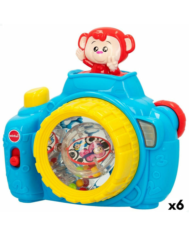 Set of six blue Winfun toy cameras for children, featuring colorful buttons and playful design in a fun electronic toy group.