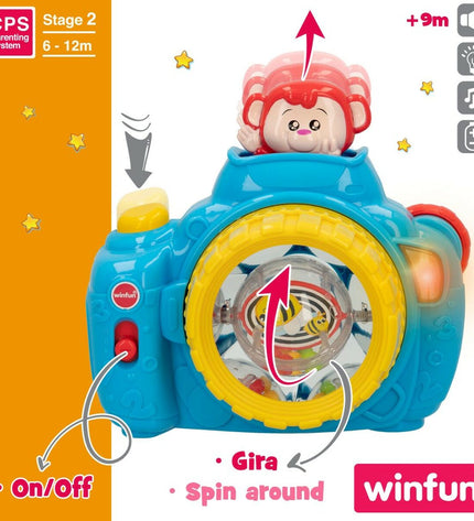 Set of six blue Winfun toy cameras for children, colorful electronic toy cameras for kids' play and learning.