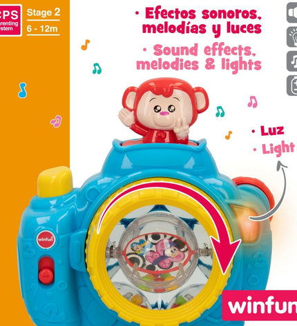 Set of six blue Winfun toy cameras for kids, colorful electronic toy cameras with playful design for children.
