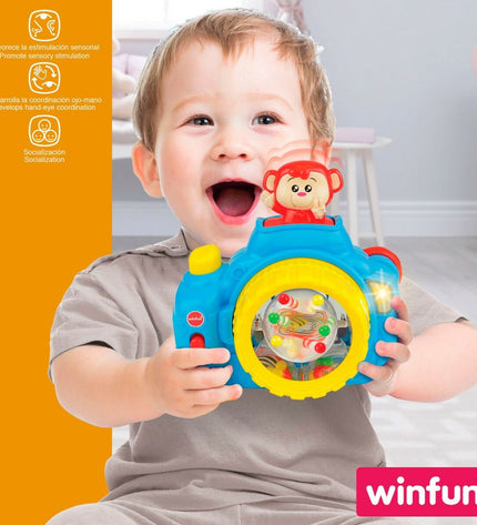 Set of six blue Winfun toy cameras, colorful electronic toy cameras designed for children, suitable for play and imaginative activities.