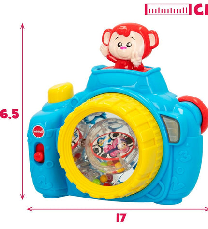 Set of six blue Winfun toy cameras, colorful electronic toy cameras for children, designed for playful learning and fun.