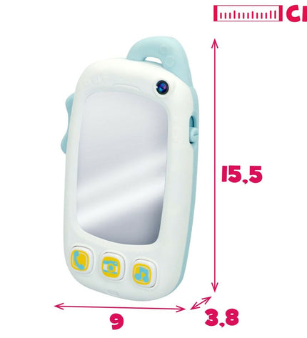 Six white Winfun baby toy phones, 9 x 15.5 x 3.8 cm, designed for young children, with colorful buttons and playful features.