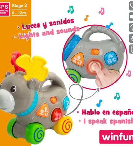 Six Winfun baby plush eland toys, 17x17x7.5 cm each, soft and colorful, designed for young children’s play and comfort.