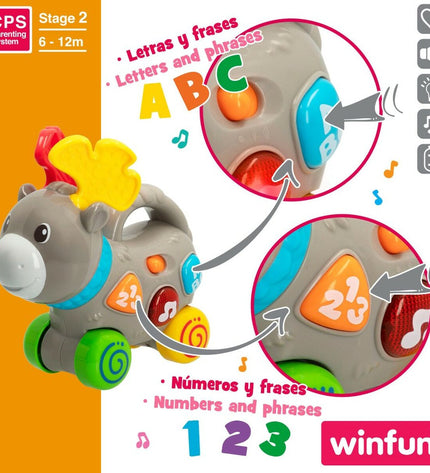 Six Winfun baby plush eland toys, 17x17x7.5 cm each, soft and colorful stuffed animals for young children to play and cuddle.