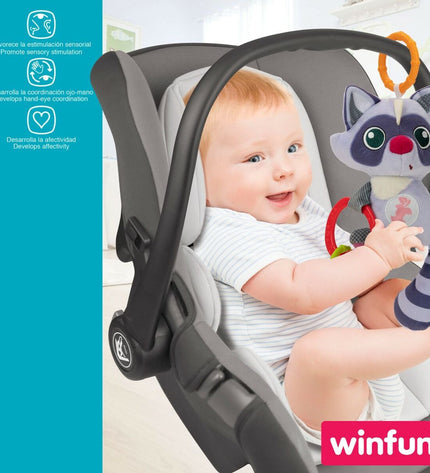Set of six Winfun soft raccoon rattles for babies, measuring 14.5 x 20 x 9.5 cm, designed for young children’s play.