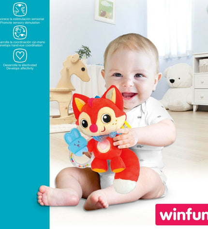 Set of six soft ratelspeeltjes featuring a playful fox design for babies, from Winfun, measuring 13.5 x 26.5 x 7.5 cm each