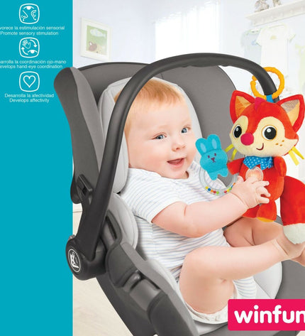 Set of six Winfun soft ratel toys featuring cute fox designs for babies, measuring 13.5 x 26.5 x 7.5 cm.
