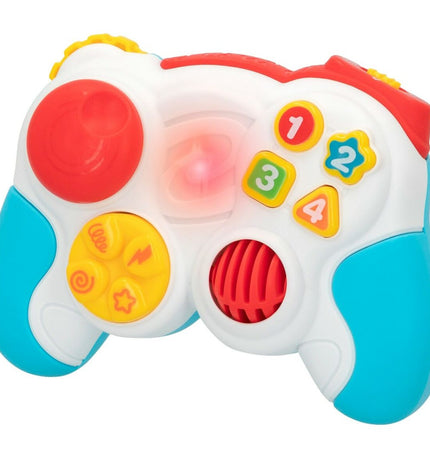 Six PlayGo blue toy controllers for babies, measuring 14.5 x 10.5 x 5.5 cm, designed for young children’s play.