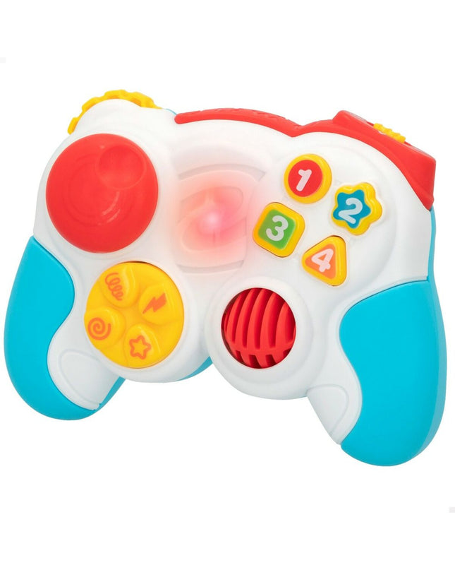 Six PlayGo blue toy controllers for babies, measuring 14.5 x 10.5 x 5.5 cm, designed for young children’s play.