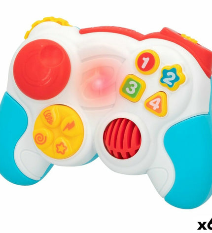 Six blue PlayGo toy controllers for babies, measuring 14.5 x 10.5 x 5.5 cm, designed for young children’s play.