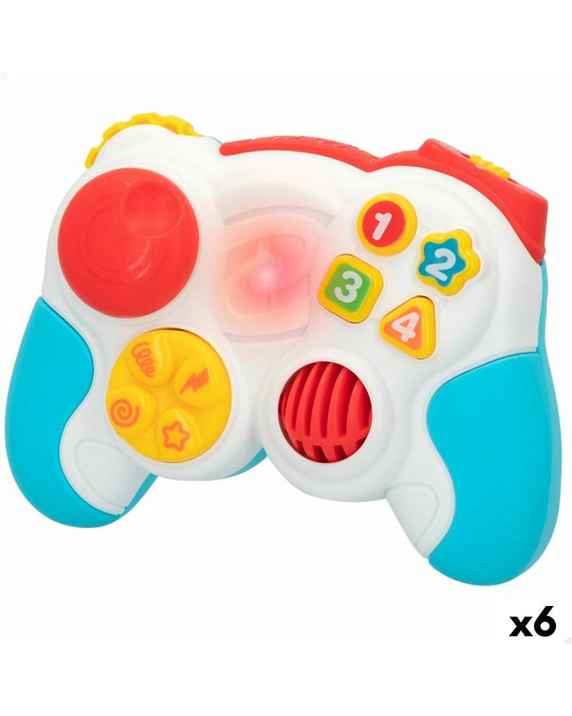 Six blue PlayGo toy controllers for babies, measuring 14.5 x 10.5 x 5.5 cm, designed for young children’s play.