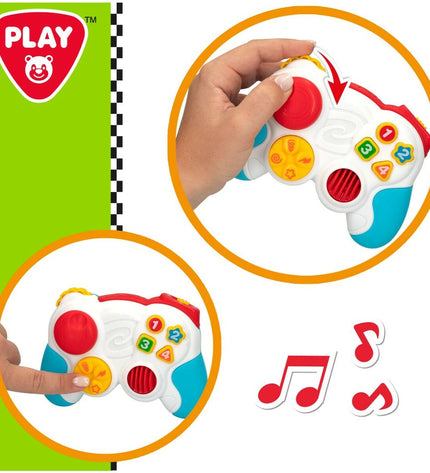 Six blue PlayGo toy controllers for babies, measuring 14.5 x 10.5 x 5.5 cm, designed for young children’s play.