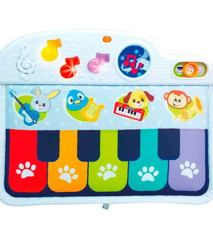 Set of four Winfun interactive baby pianos, colorful plastic toys for infants, measuring 42 x 3 x 32 cm each.