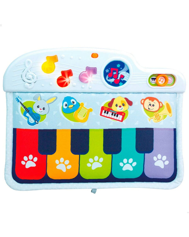 Set of four Winfun interactive baby pianos, colorful plastic toys for infants, measuring 42 x 3 x 32 cm each.