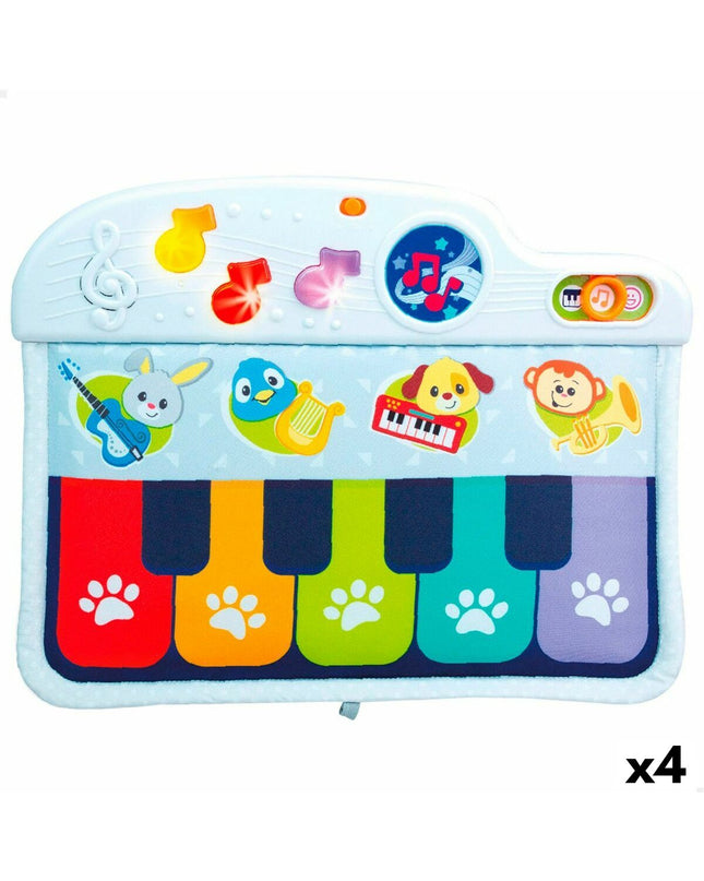 Set of four Winfun interactive baby pianos, colorful plastic toys for young children, 42 x 3 x 32 cm, suitable for early play.