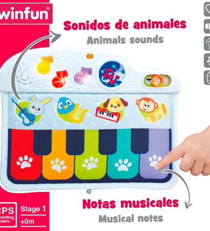 Set of four Winfun interactive baby pianos, colorful toys for young children, measuring 42x3x32 cm each, designed for early musical play.
