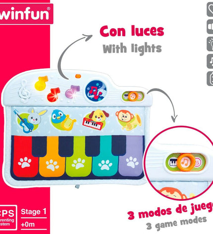 Set of four Winfun baby interactive pianos, colorful toy keyboards for young children, measuring 42x3x32 cm each.
