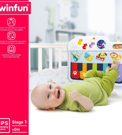 Set of four Winfun baby interactive pianos, colorful, compact, designed for young children to play and explore music.