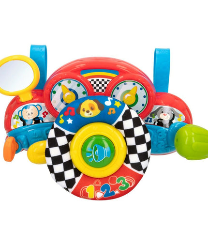 Set of four Winfun baby stroller toy steering wheels, 29 x 17 x 10.5 cm, designed for young children’s play and development.