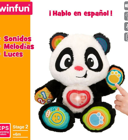 Set of four Winfun panda baby toys, soft plush, 27x33x14 cm, designed for young children to play and cuddle.