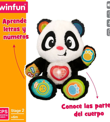 Set of four Winfun baby panda-shaped toys, soft and colorful, measuring 27 x 33 x 14 cm, suitable for young children.