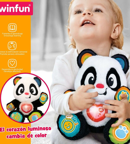 Set of four Winfun baby panda-shaped toys, soft and colorful, designed for young children to play and develop sensory skills.