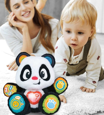Set of four Winfun baby panda-shaped toys, soft and colorful, measuring 27x33x14 cm, designed for young children to play with.